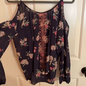 blue floral cut out shoulder top